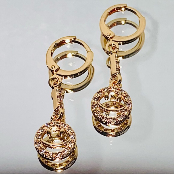 18K Gold Filled Smile Hoop Dangle Drop Earring Clear Cubic Zircon CZ Smiley - Picture 7 of 14